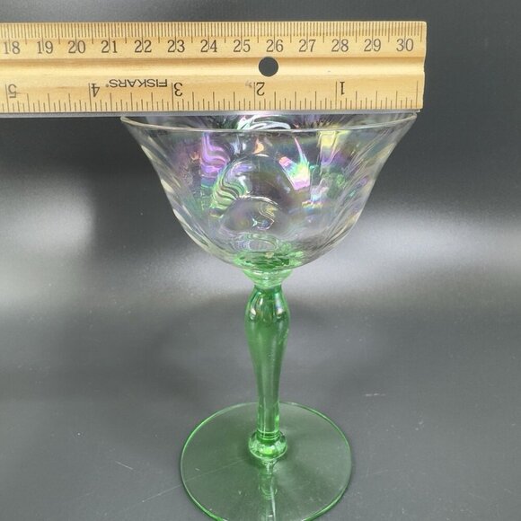 Uranium Stems Champagne Glasses Cups Herringbone Optic Iridescent Finish Set 2 - Picture 10 of 16